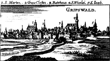 Äldre teckning av Greifswald och stadens kyrktorn